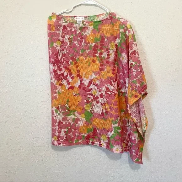 Top it Off Printed Emily Poncho Wrap Sweater Floral Pink Orange One Size - Picture 2 of 7